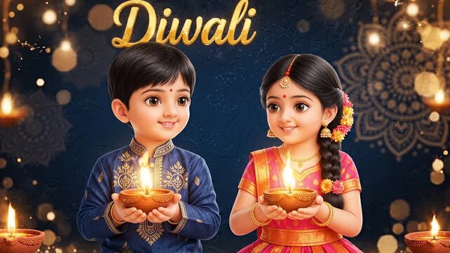 A cute young boy and girl in traditional indian attire holding glowing oil lamps to celebrate the festival of diwali