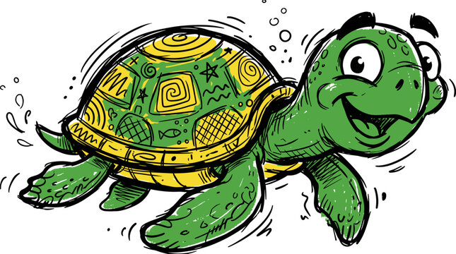 Cute cartoon sea turtle swimming in ocean with colorful patterns on shell digital drawing