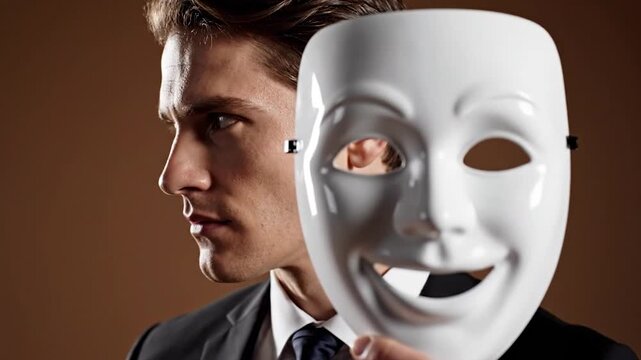 Businessman holding smiling white mask in front of face