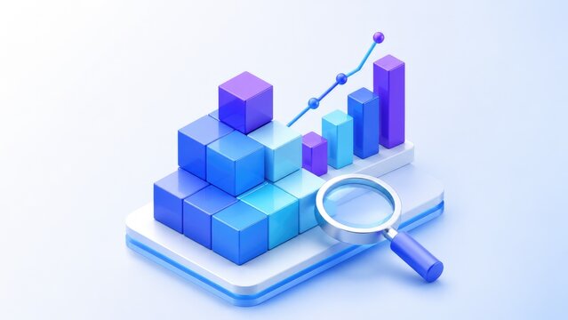 3D isometric data analytics concept with stacked cubes, bar chart, rising line graph and magnifying glass displayed on a tablet for business insight and growth visualization