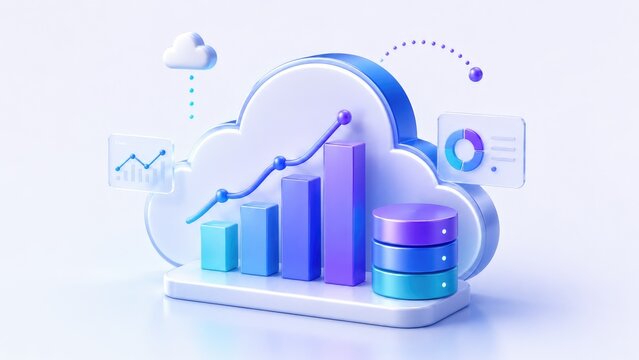 3D cloud computing concept with charts, database cylinders and analytics icons