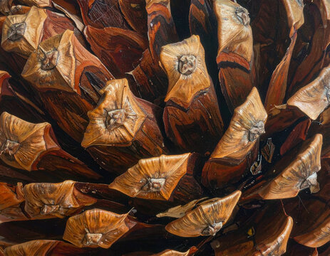 Macro view of a pine cone showing intricate woody scales and natural textures