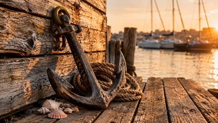 Fototapeta premium Rustic anchor and coiled rope on a weathered wooden dock at sunset with sailboats moored in a calm harbor