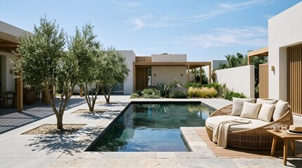 Fototapeta premium Tranquil Minimalist Courtyard with Swimming Pool and Lounge Seating Perfect for Luxury Resort or Private Villa