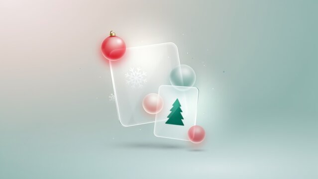 Minimalist christmas composition with frosted glass cards and colorful ornaments floating on a soft gradient backdrop