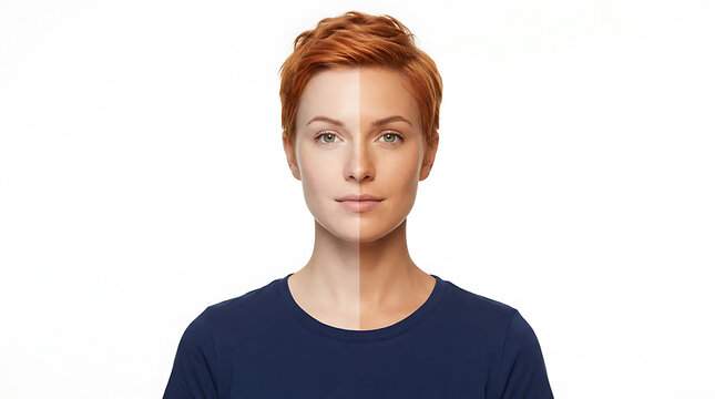 Woman with split skin tone showing fair and tanned halves of face desig