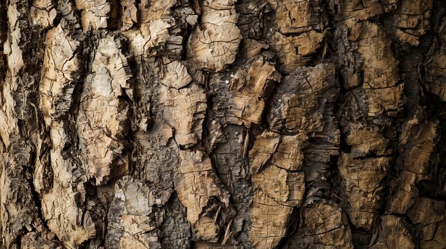 Close up of rough textured tree bark with natural earthy tones and deep crevices.