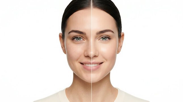 Woman's face split showing before and after skin treatment comparison screen