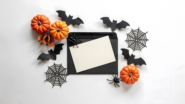 Halloween flat lay with pumpkins, black bats, spiders, and spider webs on a white background