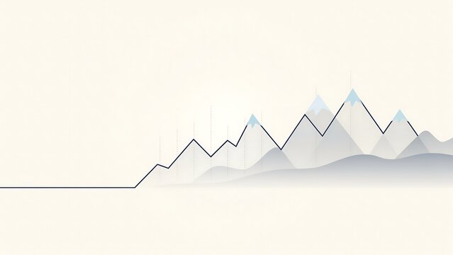 Minimalist line mountain range with light blue peaks and soft grey shadows on a clean white background, for business charts