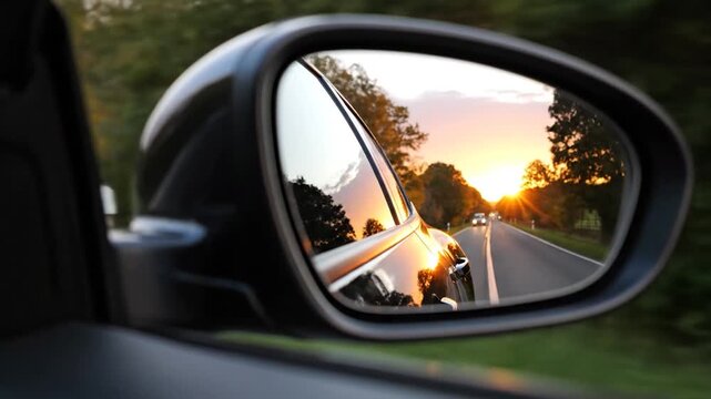 Car side mirror reflecting golden sunset on empty countryside road during travel