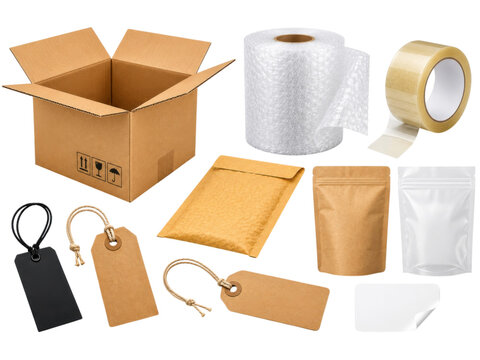 Set of packaging and shipping supplies including boxes, tape, bubble wrap, labels, and tags.