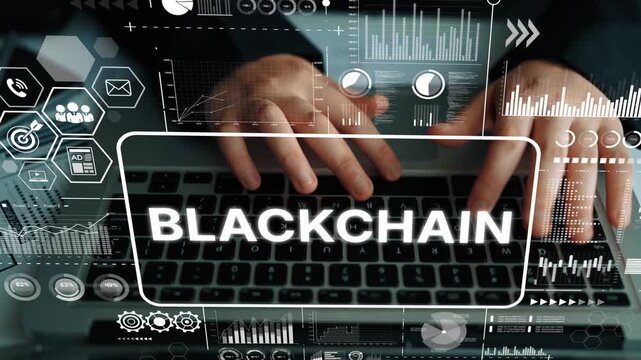 Hands typing on keyboard with blockchain technology graphics and digital analytics concepts for financial innovation and secure transactions. Asymptotic smart data analytic.