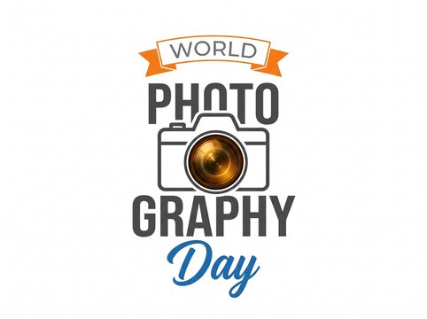 World Photography Day Typography Design with Camera Icon and Lens Detail on White Background