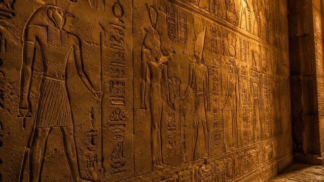 Golden lit ancient Egyptian carved hieroglyphic reliefs on a temple stone wall
