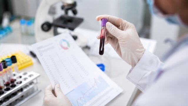 Lab technician examining a blood sample vial while reviewing test results and charts in a clinical laboratory setting