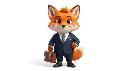 Fototapeta premium Cute business mascot character wearing a small suit, holding a briefcase, confident friendly expression, modern startup branding style, premium 3D cartoon illustration, isolated on white background