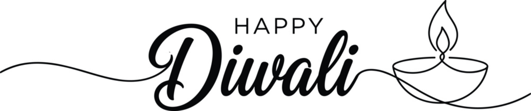 Happy Diwali minimalist line art calligraphy typography with continuous line diya oil lamp drawing for festive greeting vector illustration