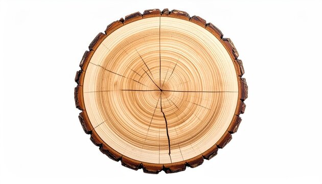 A cross-section of a tree trunk displays growth rings, bark, and a central crack