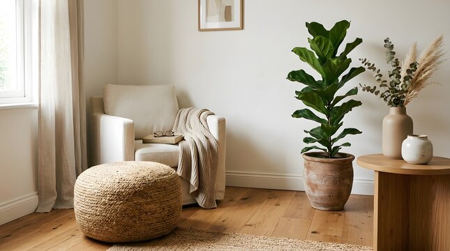 Cozy Reading Nook with Fiddle Leaf Fig and Dried Flowers
