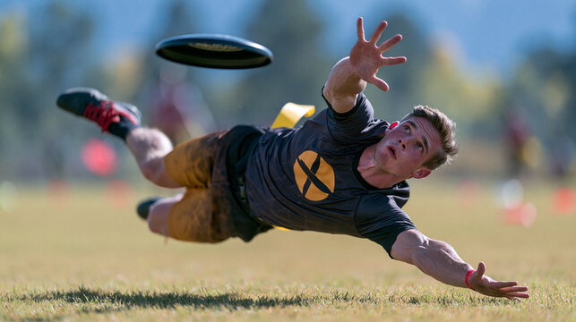 Ultimate Frisbee Athlete Leaping for Dynamic Catch in Sunny Outdoor Competition