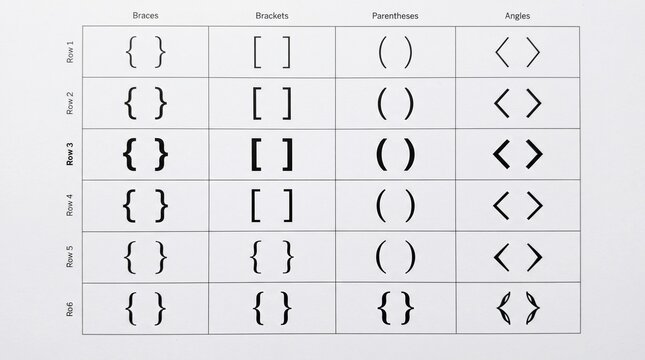 Chart comparing braces, brackets, parentheses, and angle symbols in small to huge sizes for mathematical and programming visualization.