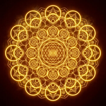 Ornate spiritual mandala featuring intricate sacred geometry, Sri Yantra patterns, and glowing golden neon lines. Symmetric mystical design element isolated on a dark background