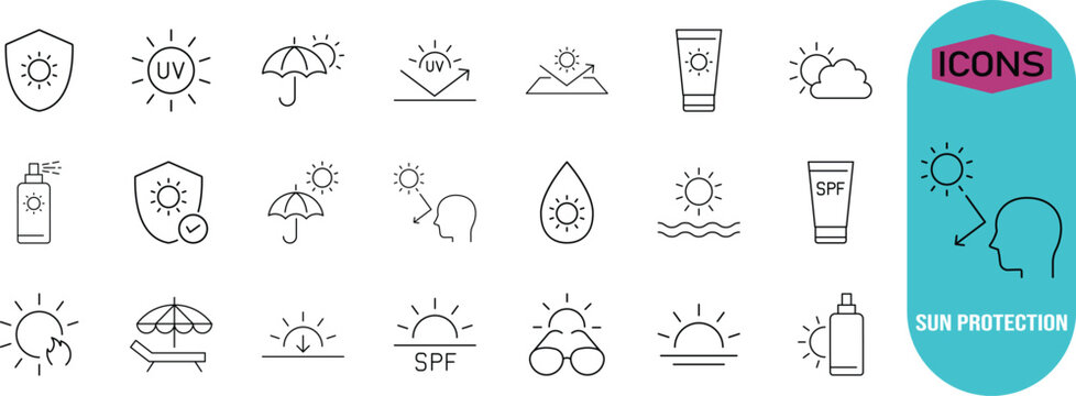 Sun protection uv vector icons. sunscreen icon set, umbrella icon set, sunglasses icon set