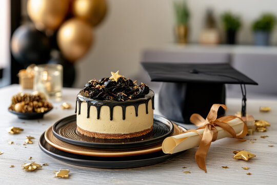Graduation celebration with elegant black and gold cake, diploma and graduation cap, perfect for academic achievement and commencement themes.