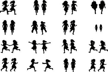 Little girls running together silhouette set with front view and side view poses