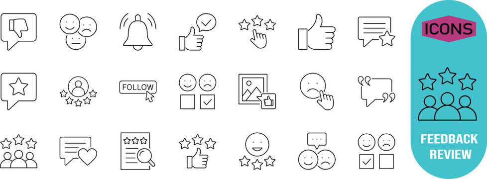Feedback and review vector icons. thumbs up icon set, star icon set, smiley icon set