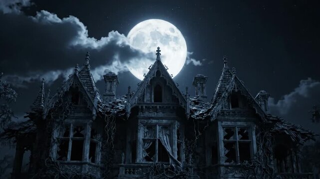 Haunted house halloween full moon dark night spooky gothic mansion eerie mood creepy window twisted vine horror atmosphere ruin