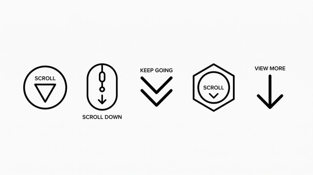 Scroll and navigation icons showing arrows, chevrons, and symbols with text prompts for webpage continuation and user guidance.