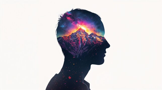 AI Generative. Mindscape Universe: Silhouetted Profile with Cosmic Nebula and Mountain Range Inside Head - Double Exposure Concept Art. 4