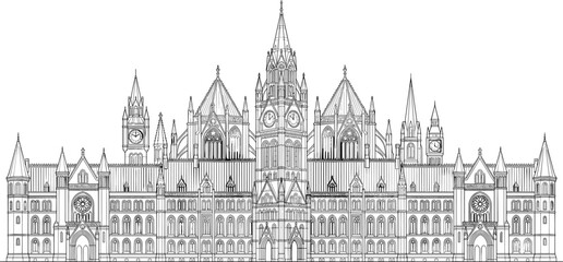 Fototapeta premium Detailed line art vector illustration of a grand historic Gothic cathedral or government building exterior facade