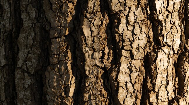 Close-up texture of rough tree bark with dramatic sunlight and shadow.