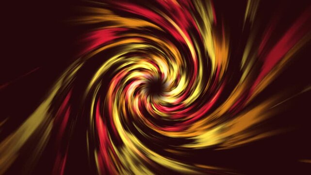 Abstract spiral motion background with glowing yellow and red light trail tunnel. Abstract bright fiery vortex animation background. Golden energy swirl wormhole tunnel effect background.
