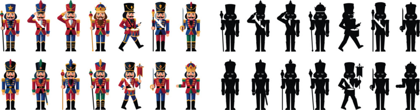A flat vector illustration set of traditional Christmas nutcracker characters in colorful uniforms next to their black silhouette versions.