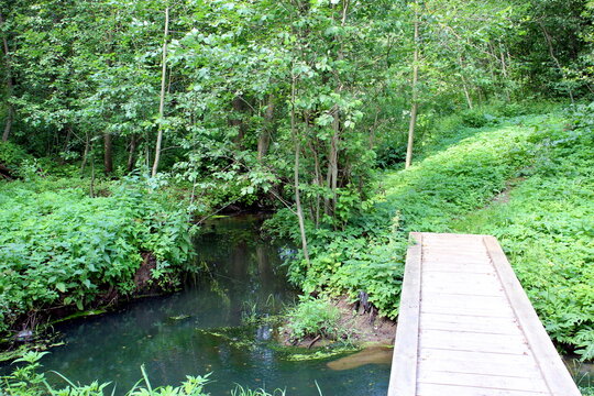 A small wooden bridge over a small river.