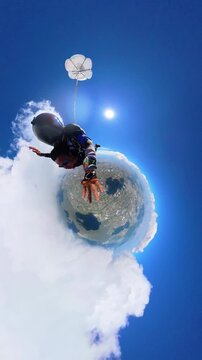 Skydiver parachuting above a tiny planet