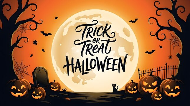 Trick or treat Halloween greeting banner with hand lettering typography, full moon, and glowing pumpkins