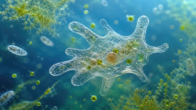 Close-up microscopic view of a translucent amoeba-like protozoan with pseudopods and visible internal organelles floating in an aquatic microenvironment
