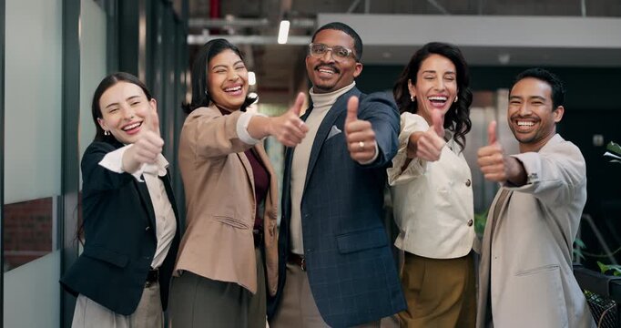 Face, corporate and people in office with thumbs up, good news and success for real estate. Portrait, team or hand gesture with smile for agreement, positive feedback and achievement of sold property