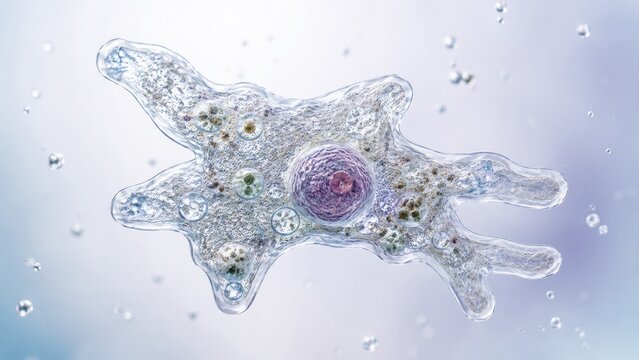 Microscopic amoeba cell with visible nucleus, cytoplasm, pseudopods and vacuoles in a translucent single-celled organism
