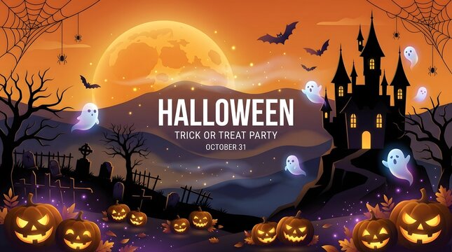 Halloween trick or treat party banner with haunted castle, glowing jack o lanterns, full moon, and cute ghosts