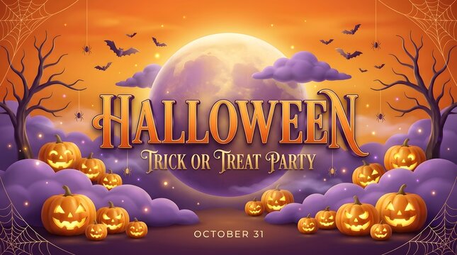 Halloween trick or treat party banner with glowing jack o lantern pumpkins, full moon, and purple clouds