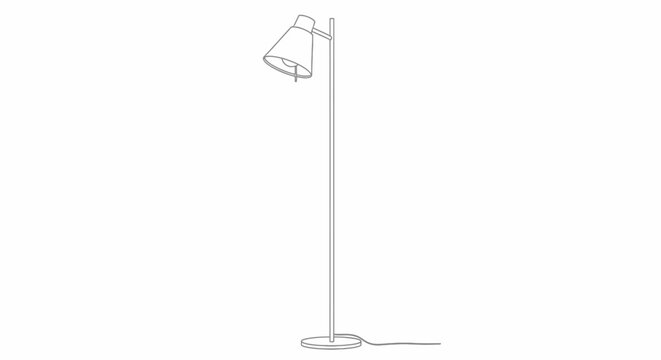 Minimalist black and white line art sketch of a tall slim modern floor lamp design