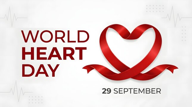 World Heart Day banner vector illustration with shiny red ribbon heart shape and typography on white background