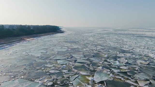 Aerial winter view reveals drifting sea ice along Tuja Beach, Latvia coast