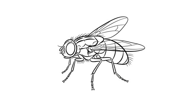 Black and white line art sketch of a house fly featuring a compact minimal shape